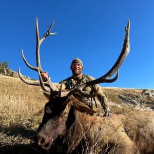 Hunter posing on a grassy hillside with his bull elk
