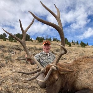 A smiling hunter wearing an orange hat with sunglasses on his head posing with a bull elk